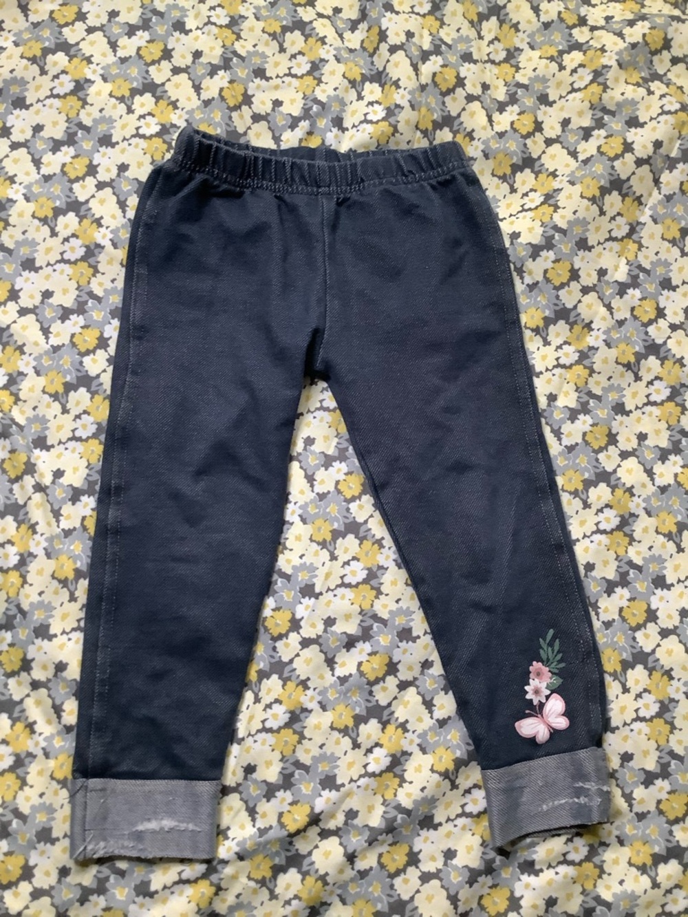 Girls Navy Floral Accent Knit Leggings